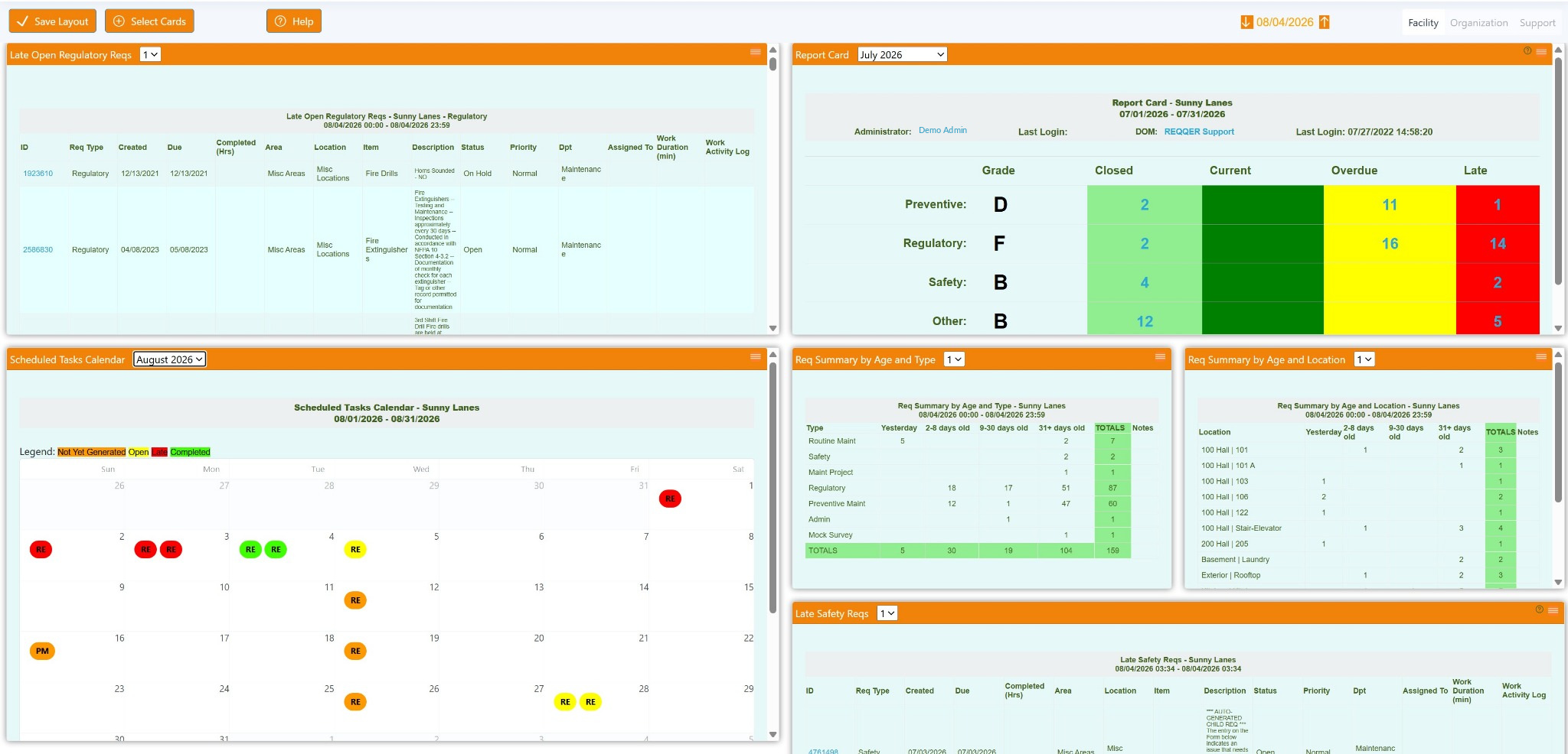REQQER Facility Dashboard configured for a Maintenance Director