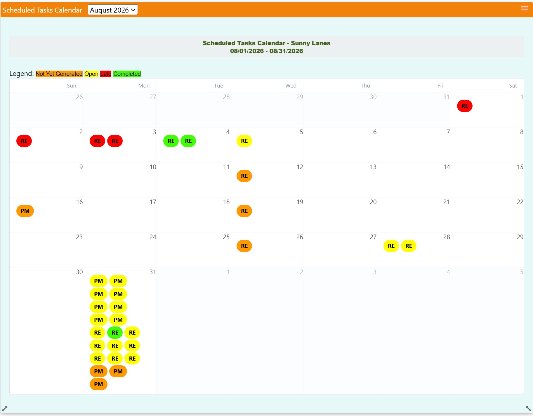 REQQER Scheduled Tasks Calendar showing future, open, late, and completed work