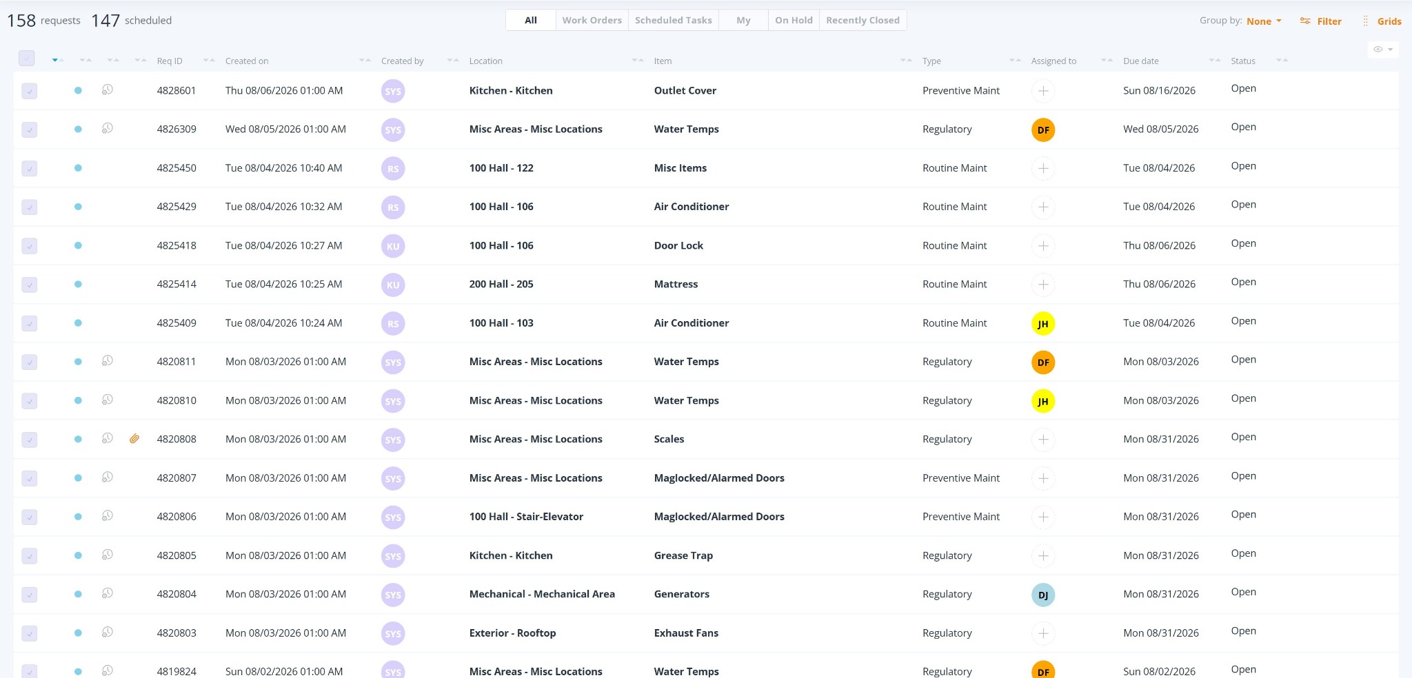 REQQER Requests Console showing Work Orders and Scheduled Tasks