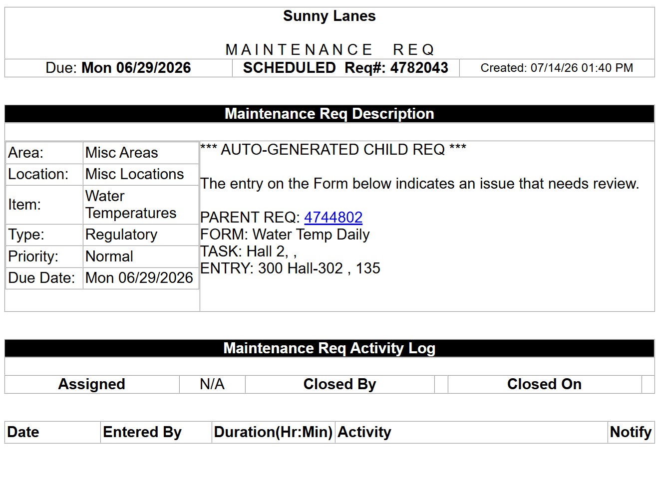 REQQER corrective child Req linked to the parent inspection