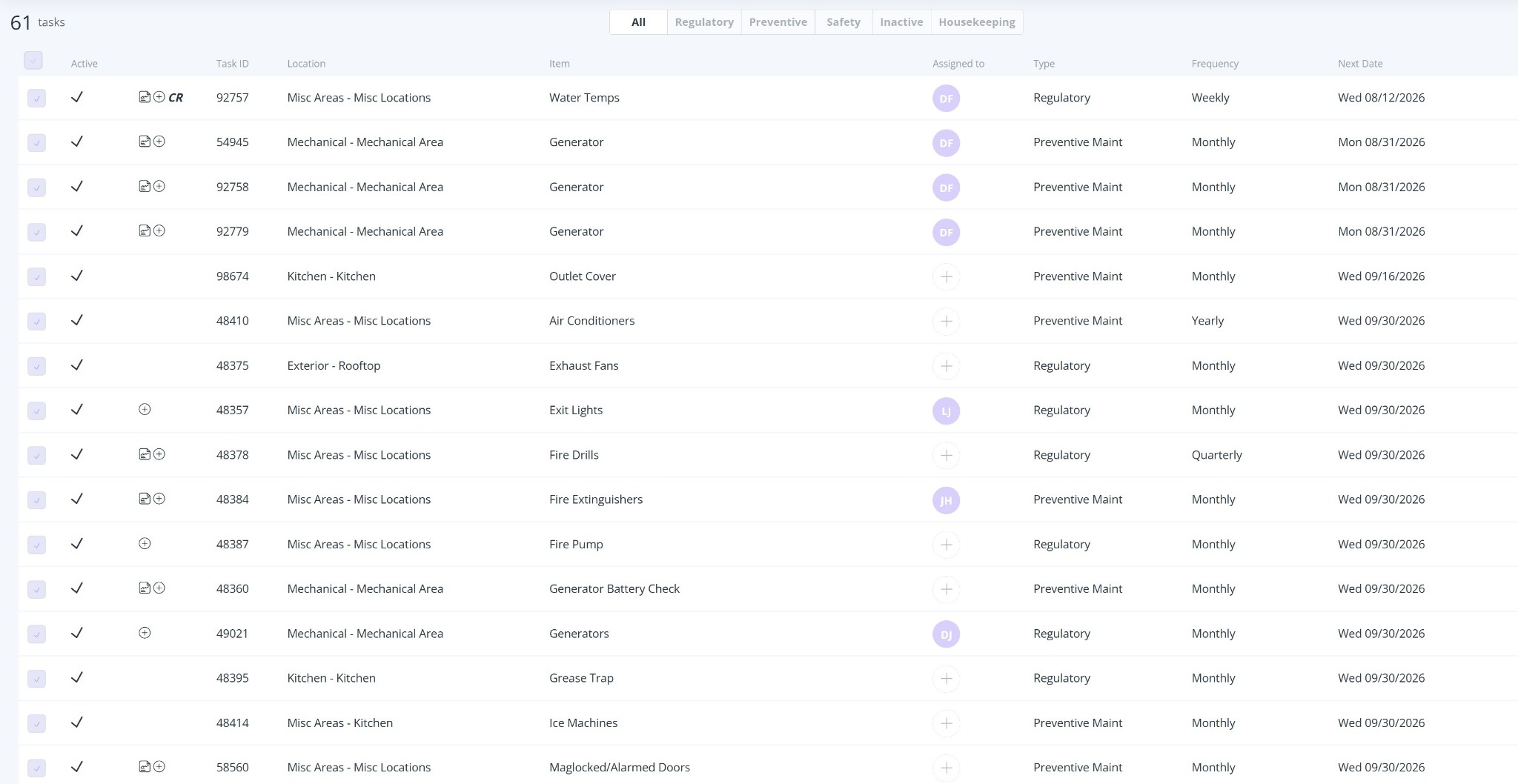 REQQER Scheduler showing recurring task definitions and Next Dates